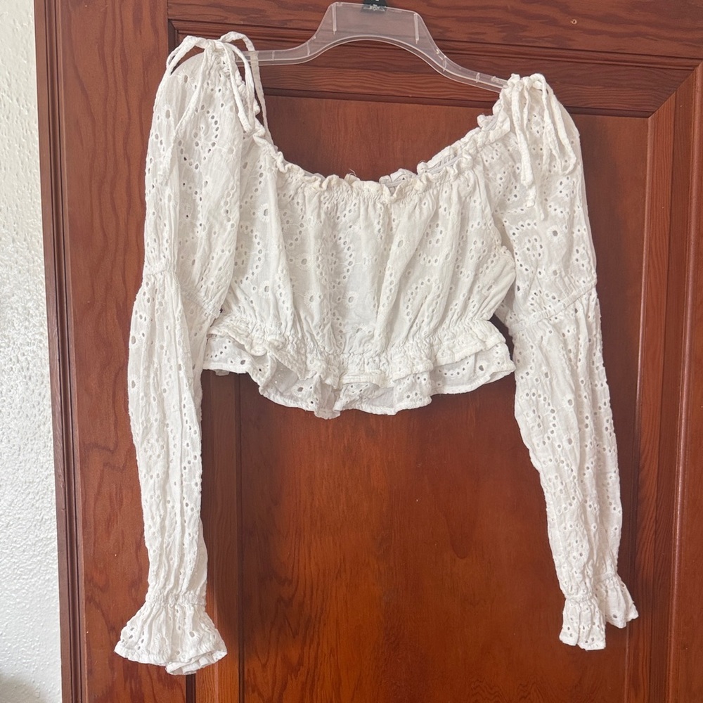 Altar'd State Cream Eyelet Off-Shoulder crop top